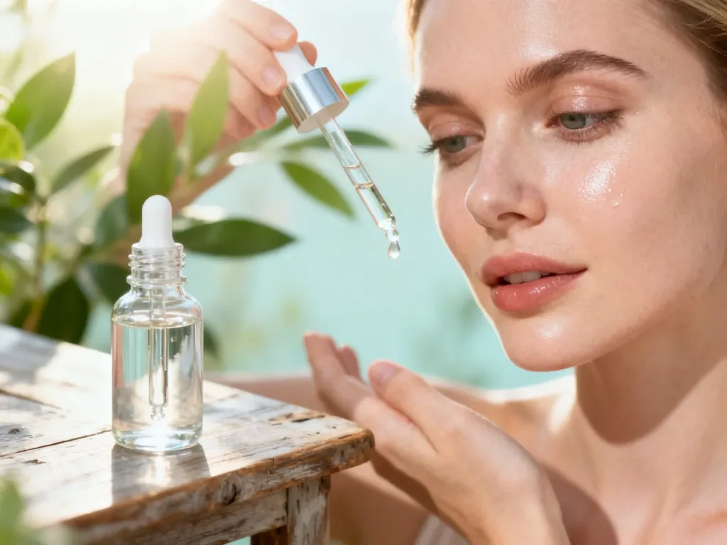 Przezroczysta butelka z gliceryną kosmetyczną oraz kobieta nakładająca serum na promienną skórę w naturalnym świetle.