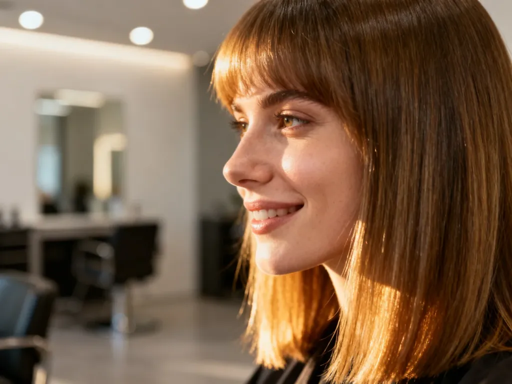 Kobieta z modną fryzurą typu long bob uśmiecha się delikatnie w nowoczesnym salonie fryzjerskim.