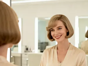 Kobieta przeglądająca się w lustrze obok eleganckiego opakowania serum do rzęs na marmurowym blacie w jasnej łazience.