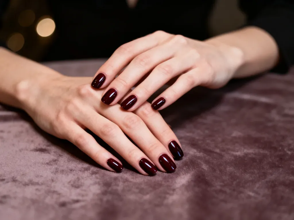 Dłonie z eleganckim, bordowym manicure o błyszczącym wykończeniu na minimalistycznym, aksamitnym tle.