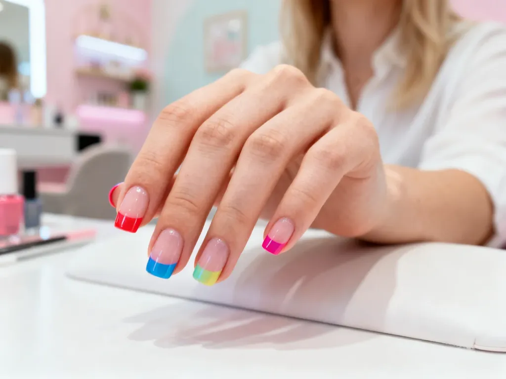 Dłoń z profesjonalnym manicure typu french w żywych, wielokolorowych odcieniach na tle jasnego salonu kosmetycznego.