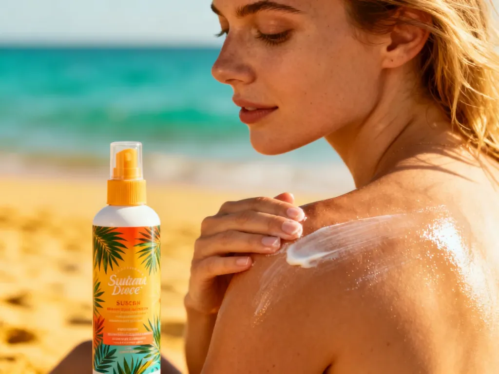 Kobieta nakłada krem z filtrem na ramię na tle słonecznej plaży, obok widoczna butelka kosmetyku Hawaiian Tropic.