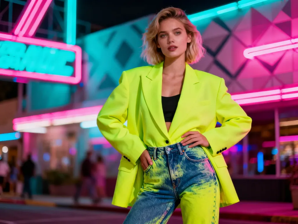 Kobieta w neonowej marynarce i jeansach typu acid wash, prezentująca stylizację inspirowaną modą lat 80. na tle miasta.