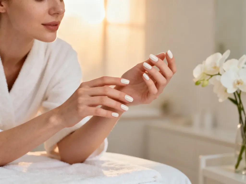 Dłonie z eleganckim manicure w kolorze mlecznej bieli na tle minimalistycznego wnętrza spa.