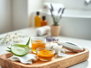 Rękawica do peelingu, scrub do ciała i ręcznik na tle łazienki – zestaw produktów do usuwania smug po samoopalaczu.