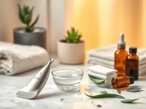 Zadbane dłonie z eleganckim manicure ozdobionym delikatnymi złotymi akcentami i minimalistycznymi liniami.