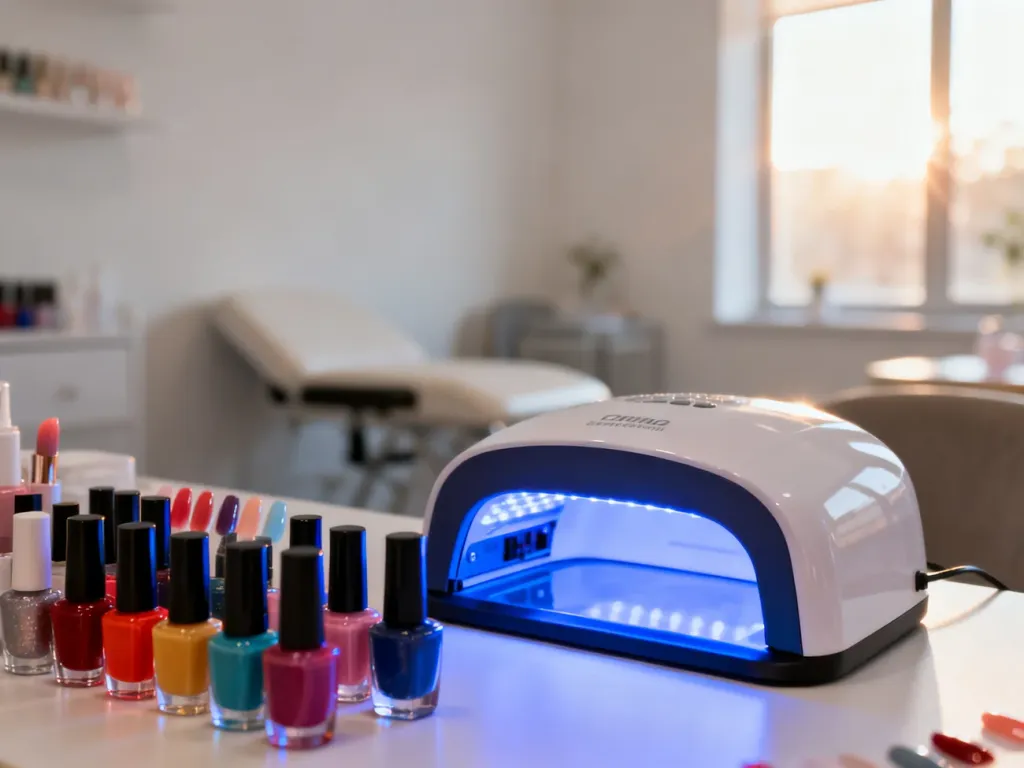 Profesjonalna lampa UV/LED emitująca niebieskie światło w otoczeniu lakierów hybrydowych na stanowisku pracy stylistki paznokci.
