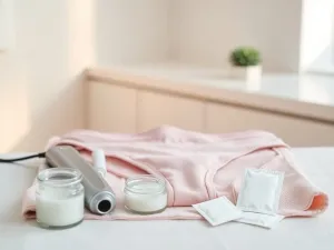 Zadbane dłonie z idealnym manicure hybrydowym na tle profesjonalnych lakierów i akcesoriów w salonie kosmetycznym.