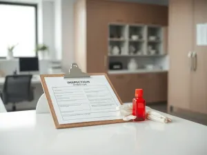 Elegancka butelka podkładu w płynie obok próbek kosmetyku na szklanej palecie w jasnym, minimalistycznym wnętrzu.