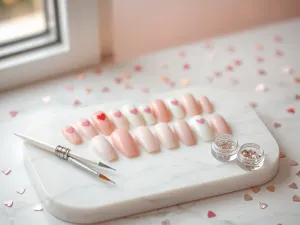 Zadbane dłonie z idealnym manicure hybrydowym na tle profesjonalnych lakierów i akcesoriów w salonie kosmetycznym.