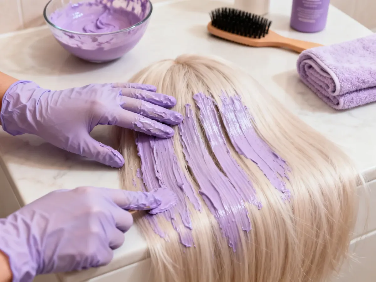 Domowe tonowanie blond włosów z użyciem fioletowego kosmetyku