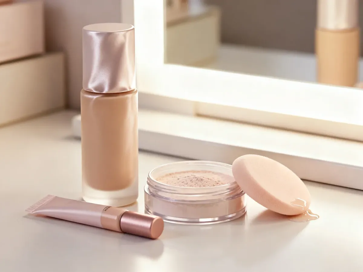 Lekkie kosmetyki do makijażu i wilgotna gąbeczka na toaletce