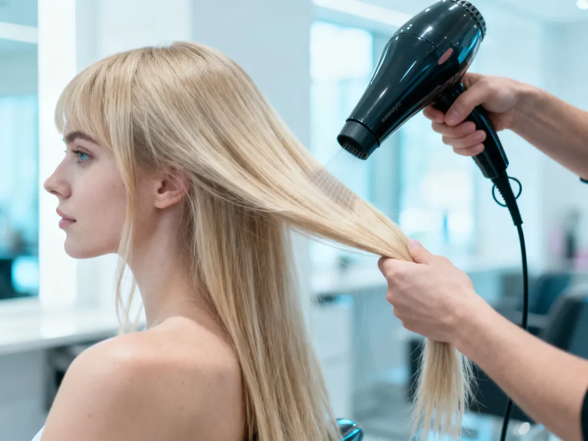 Fryzjer używa suszarki do wydmuchiwania pasm włosów w technice koloryzacji Air Touch w nowoczesnym salonie.