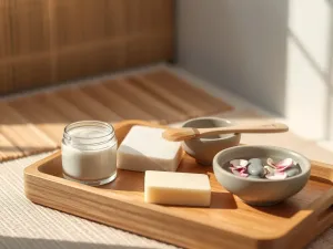 Luksusowa gąbka do makijażu na toaletce w otoczeniu produktów nawilżających, podkreślająca estetykę pielęgnacji cery.