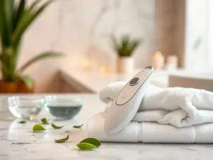 Przezroczysta butelka z gliceryną kosmetyczną oraz kobieta nakładająca serum na promienną skórę w naturalnym świetle.