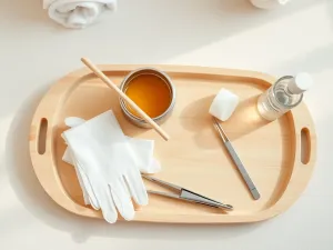 Zadbane dłonie z idealnym manicure hybrydowym na tle profesjonalnych lakierów i akcesoriów w salonie kosmetycznym.