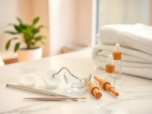 Profesjonalne narzędzia do manicure oraz lampa UV na białym blacie, gotowe do bezpiecznego usuwania hybrydy.