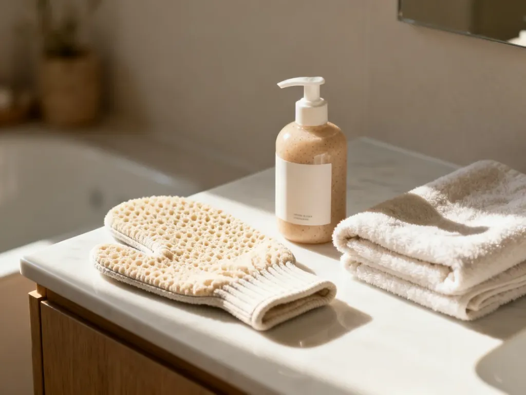 Rękawica do peelingu, scrub do ciała i ręcznik na tle łazienki – zestaw produktów do usuwania smug po samoopalaczu.