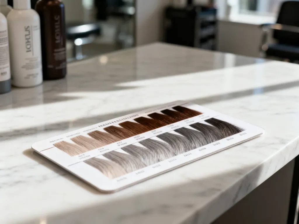 Paleta kolorów fryzjerskich z odcieniami popielatego brązu na marmurowym blacie, ilustrująca dobór pigmentów do neutralizacji rudości.