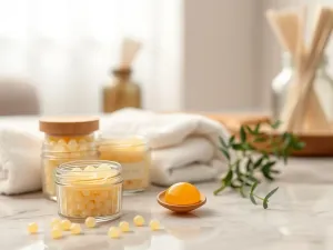 Sypki puder kosmetyczny wysypywany na biały ręcznik w jasnej, minimalistycznej łazience w stylu spa.