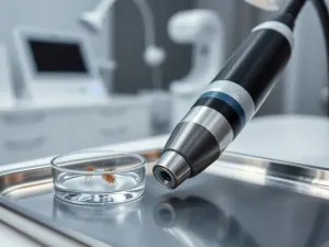 Zbliżenie na profesjonalny manicure z idealnie równą białą linią french na paznokciu oraz narzędzia do stylizacji.