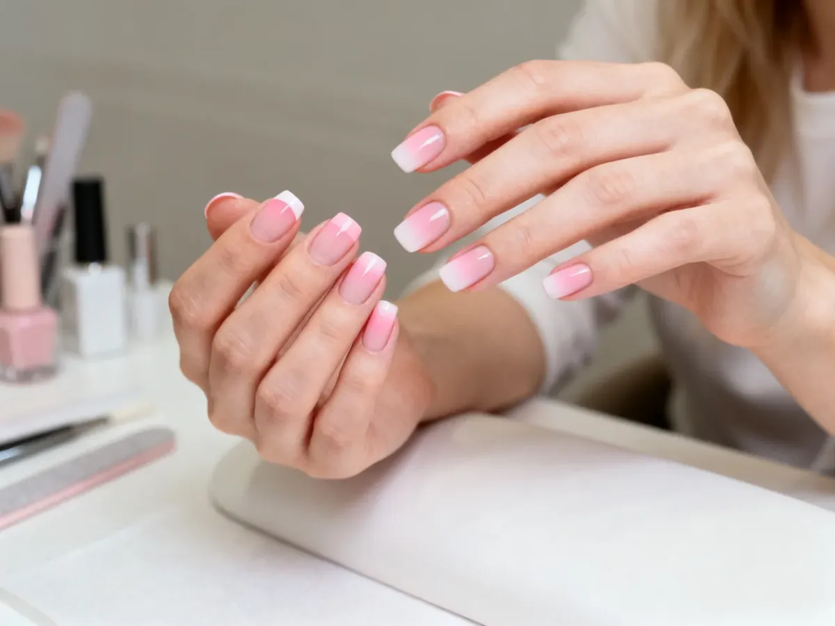 Dłonie z eleganckim manicure typu ombre french w odcieniach różu i bieli na rozmytym, minimalistycznym tle.