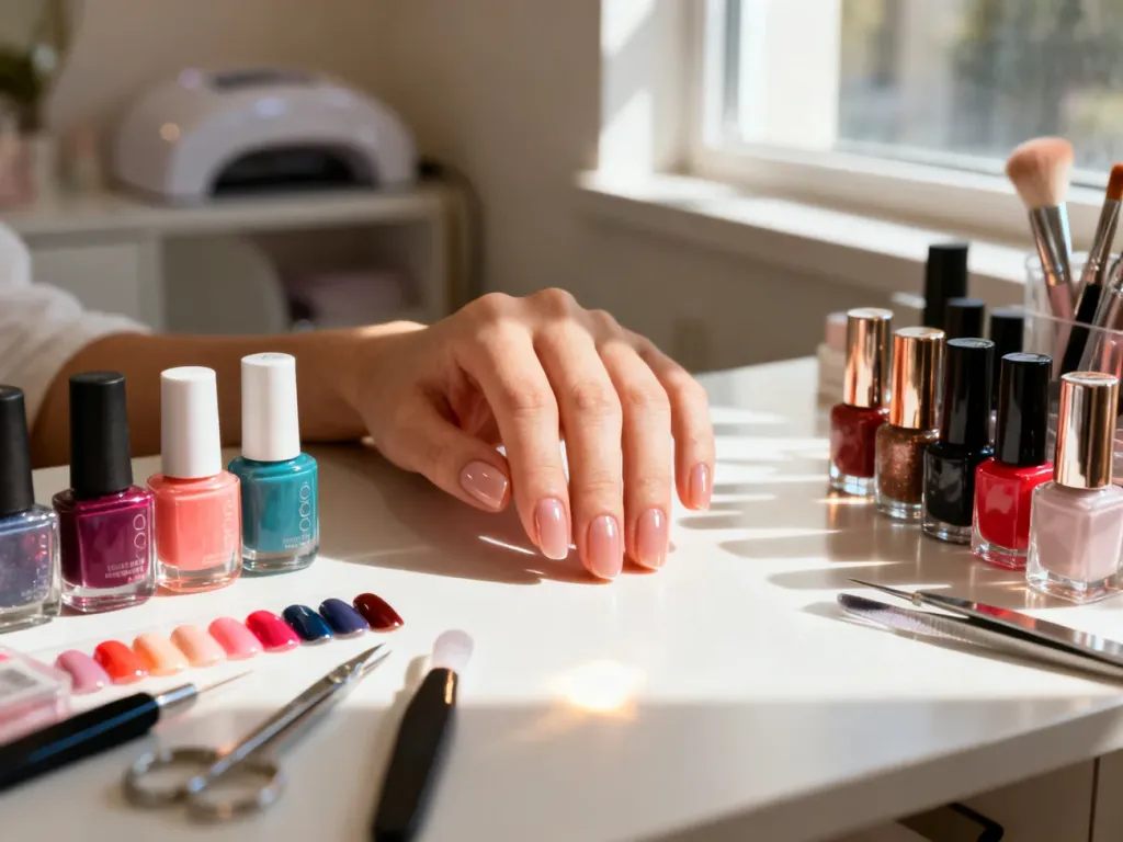 Zadbane dłonie z idealnym manicure hybrydowym na tle profesjonalnych lakierów i akcesoriów w salonie kosmetycznym.