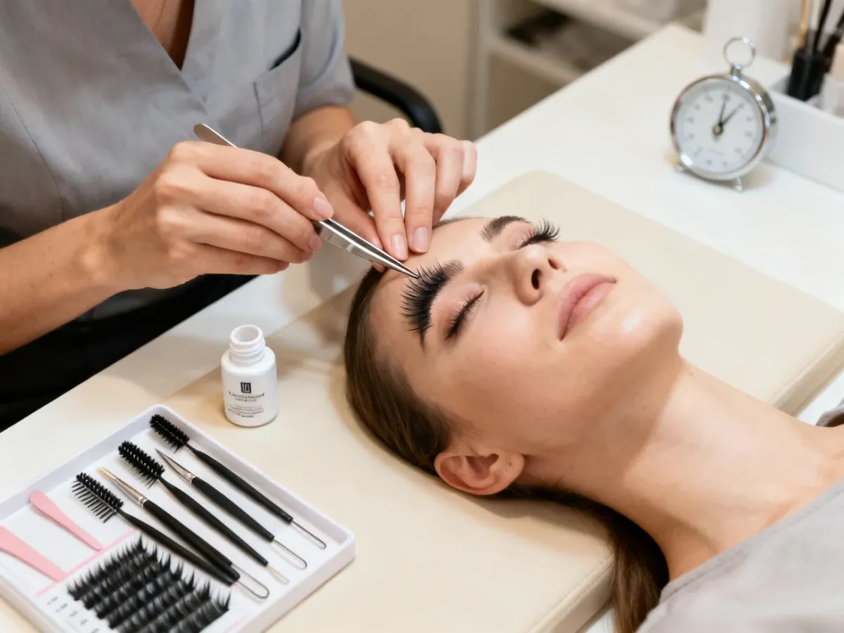 Stylistka wykonująca aplikację rzęs w uporządkowanym salonie