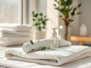 Sypki puder kosmetyczny wysypywany na biały ręcznik w jasnej, minimalistycznej łazience w stylu spa.