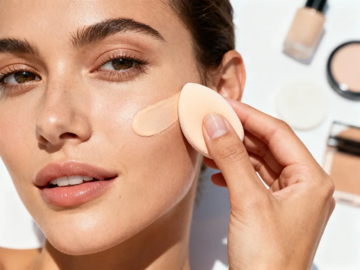 A damp makeup sponge applying a thin layer of foundation to the cheek