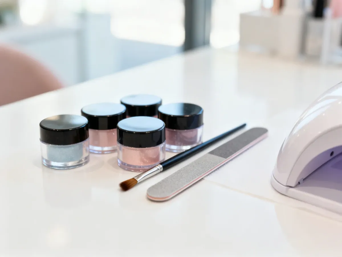 Stanowisko do manicure z zestawem pudrów tytanowych i akcesoriami w nowoczesnym salonie kosmetycznym.