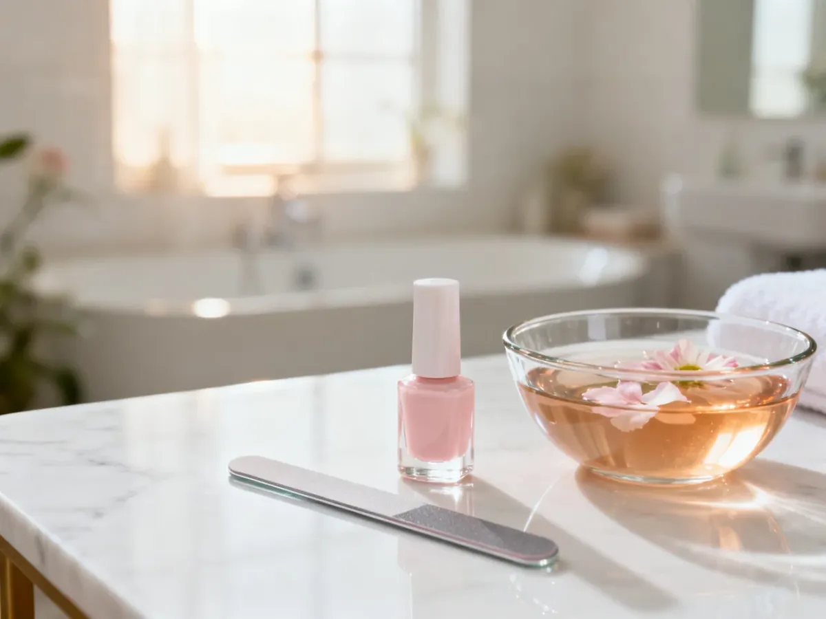 Zestaw do profesjonalnego manicure na marmurowym blacie, przygotowany do domowej pielęgnacji paznokci.