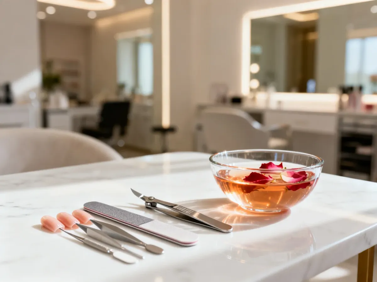 Profesjonalne narzędzia do manicure ułożone na marmurowym blacie w salonie kosmetycznym.