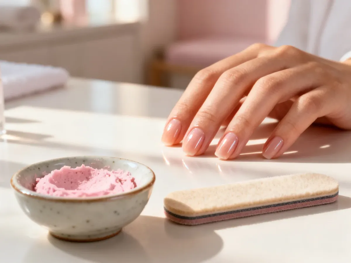 Zadbane, lśniące paznokcie obok pasty mineralnej i polerki do manicure japońskiego w minimalistycznym wnętrzu spa.
