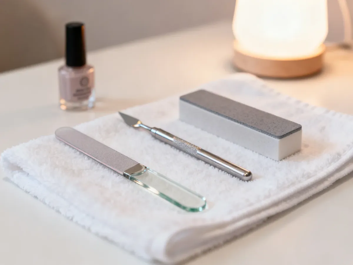 Profesjonalne narzędzia do manicure, takie jak pilnik, kopytko i bloczek polerski, przygotowane do zabiegu stylizacji paznokci.