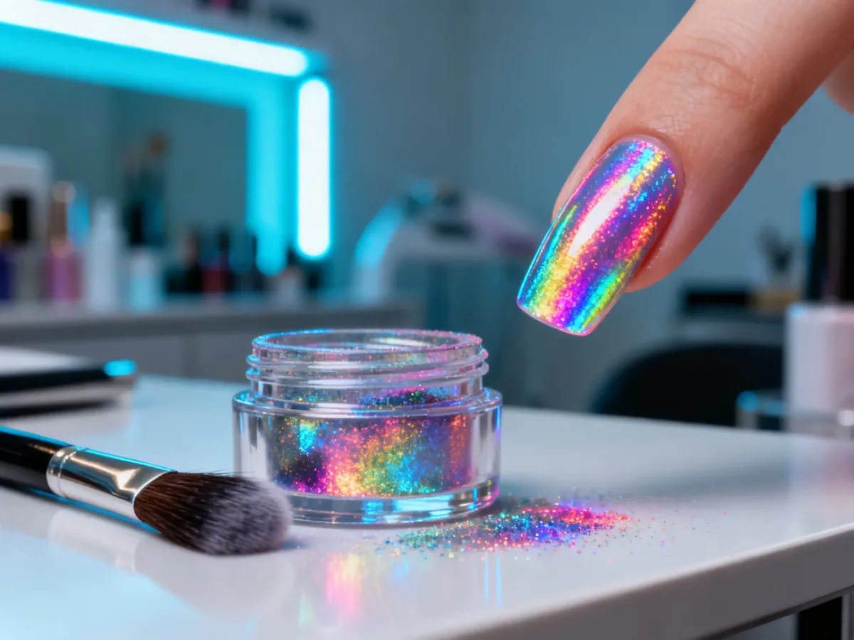 Profesjonalny zestaw do manicure z pyłkiem Electric Effect i mieniącym się, neonowym paznokciem na tle salonu kosmetycznego.