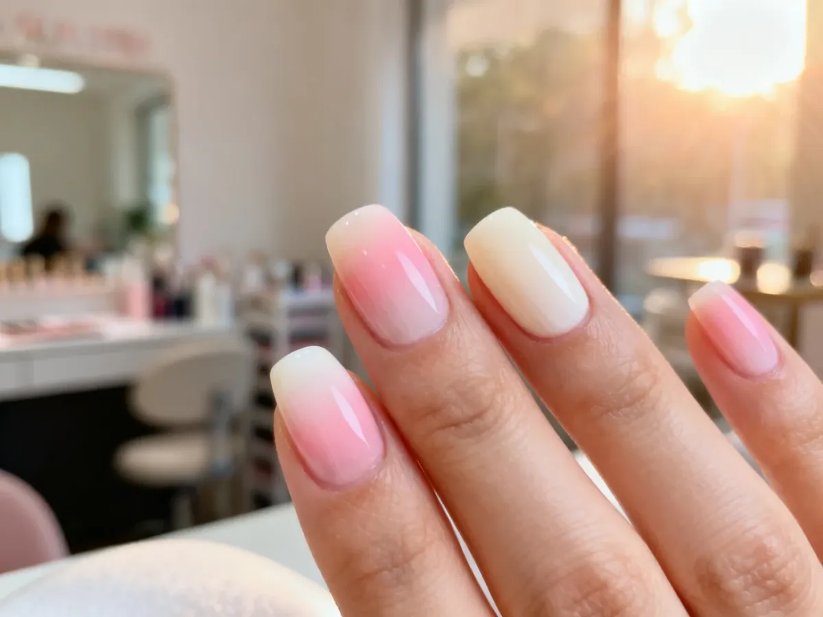 Profesjonalny manicure ombre z płynnym przejściem od pastelowego różu do bieli na zadbanych paznokciach.