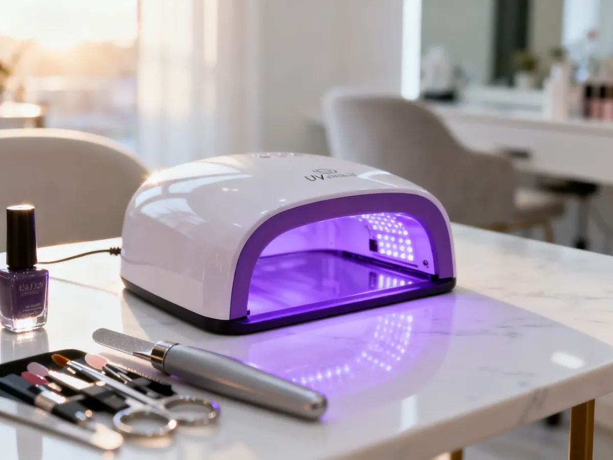 Profesjonalna lampa UV LED do manicure na marmurowym blacie, gotowa do utwardzania lakieru hybrydowego.
