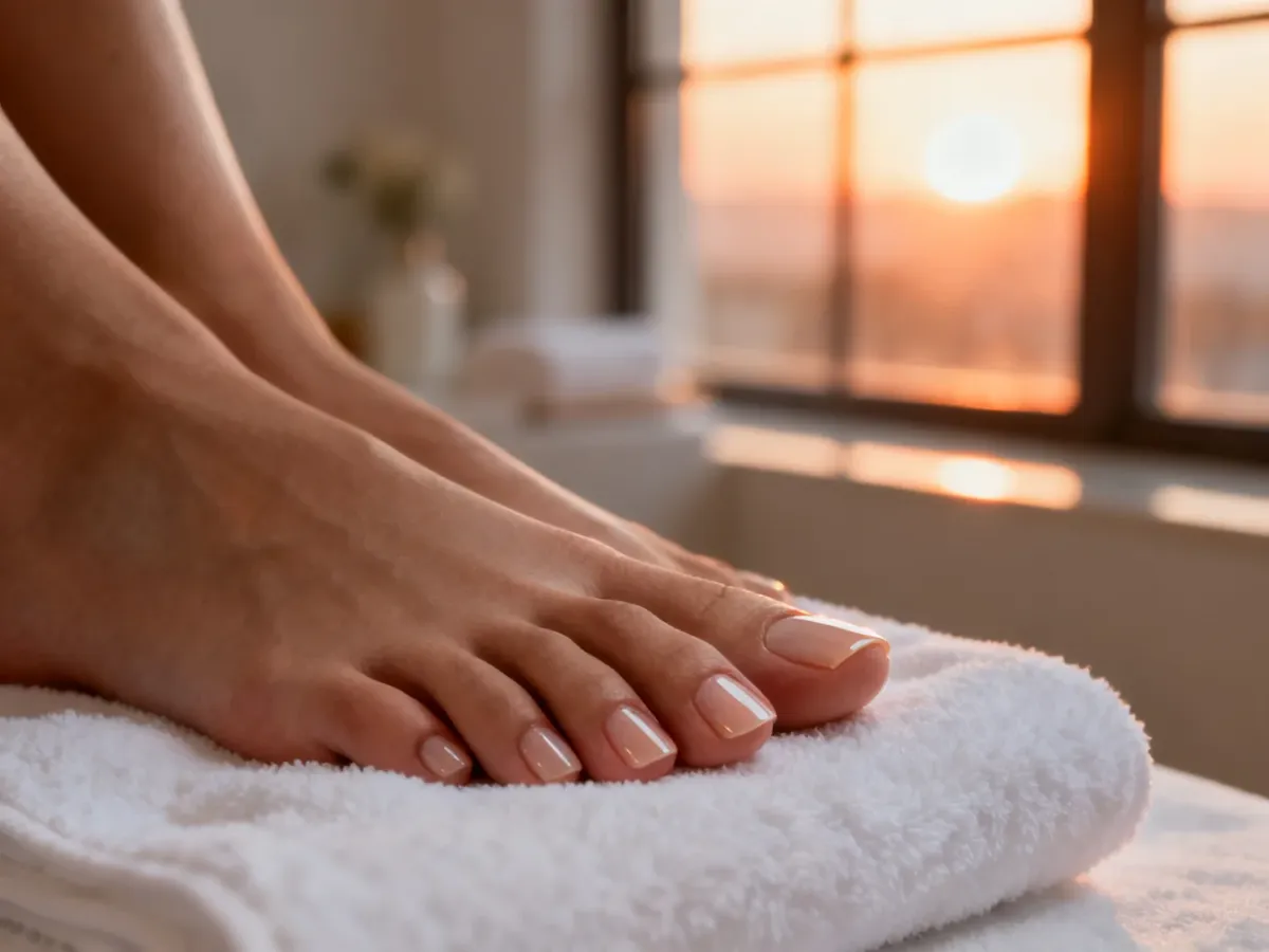 Zadbane paznokcie u nóg z naturalnym połyskiem na białym ręczniku w relaksującej atmosferze spa.