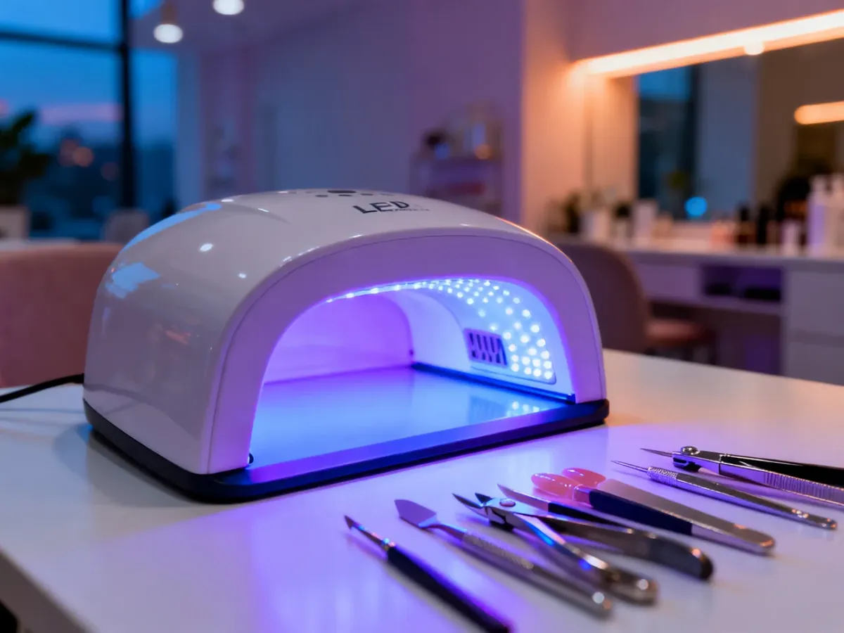 Profesjonalna lampa LED do manicure emitująca niebiesko-fioletowe światło na tle narzędzi kosmetycznych.