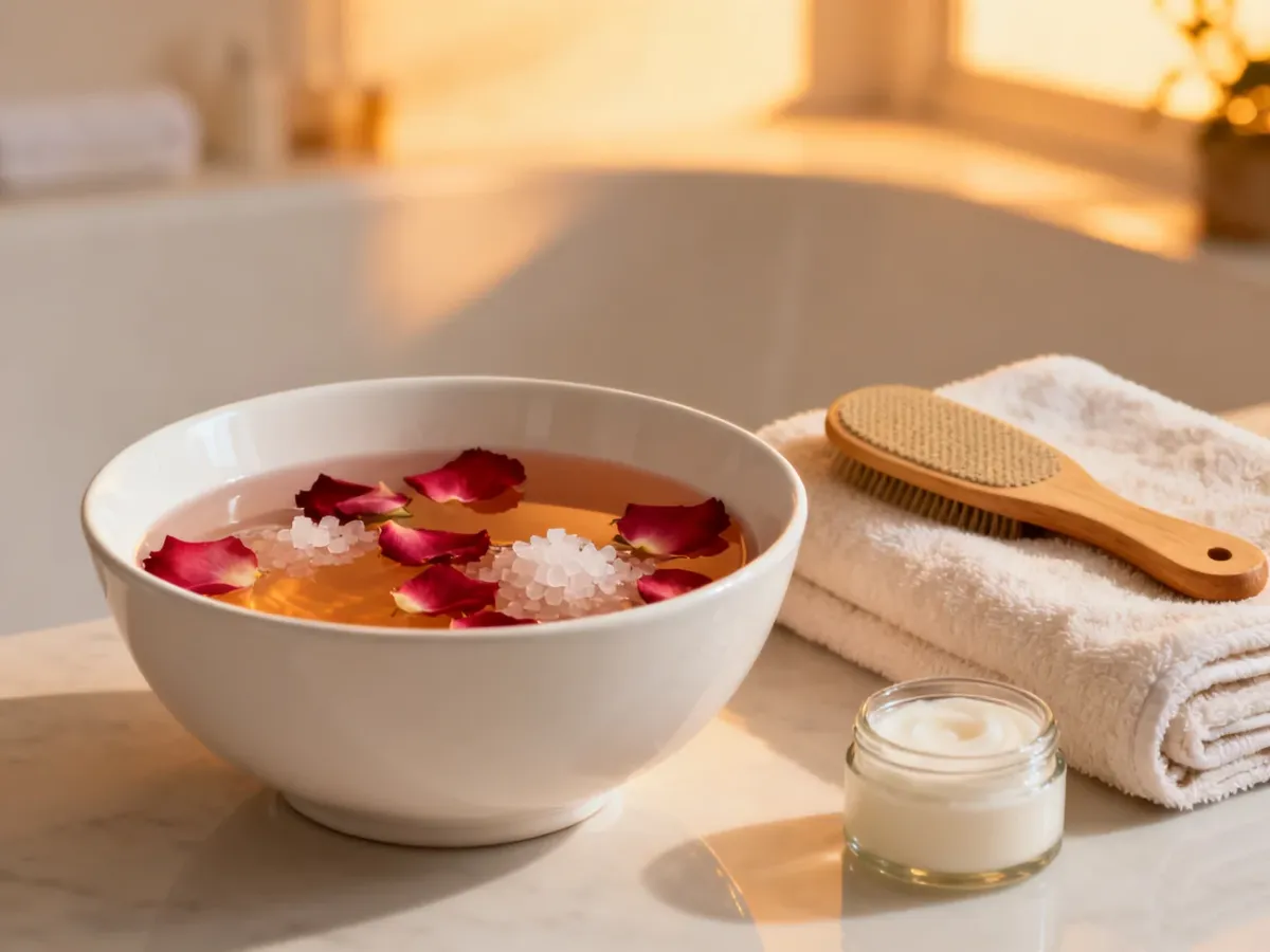 Miska z wodą i płatkami róż oraz akcesoria do pielęgnacji stóp, tworzące relaksującą atmosferę domowego spa.