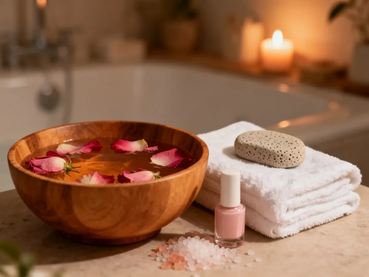 Drewniana miska z wodą i płatkami róż, ręcznik oraz akcesoria do domowego pedicure w relaksującej atmosferze spa.