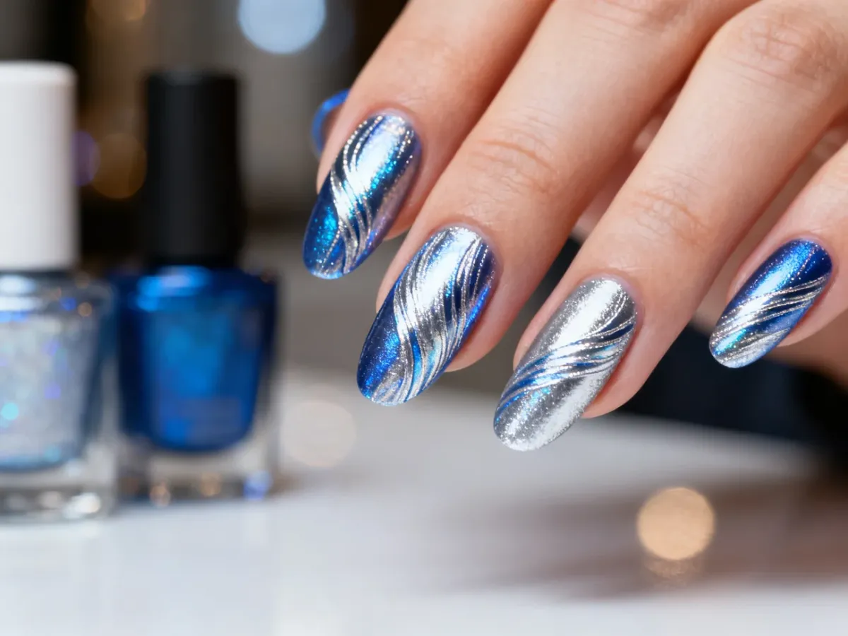 Elegancki manicure z metaliczną folią transferową w odcieniach srebra i błękitu na zadbanych paznokciach.