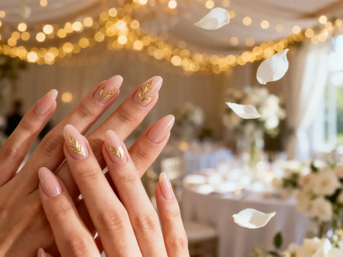 Elegancki ślubny manicure w kolorze nude ze złotymi akcentami na tle weselnej sali z delikatnym oświetleniem.