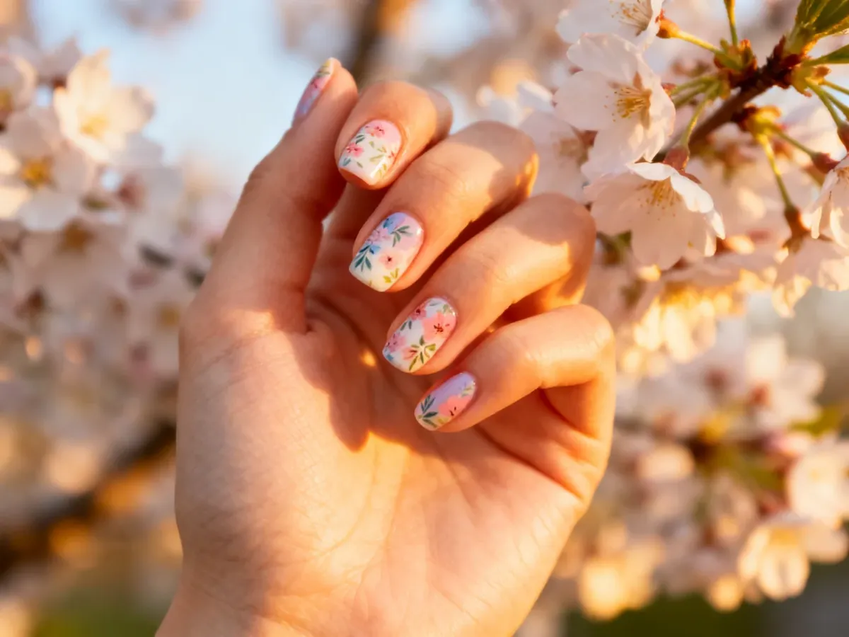 Zadbane dłonie z modnym, wiosennym manicure w kwiatowe wzory na tle kwitnącej wiśni w promieniach słońca.