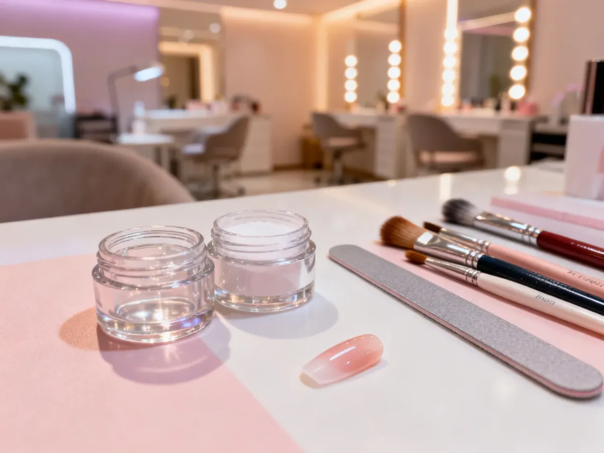 Profesjonalne stanowisko do manicure z żelem UV, proszkiem akrylowym i akcesoriami, gotowe do rozpoczęcia pracy.