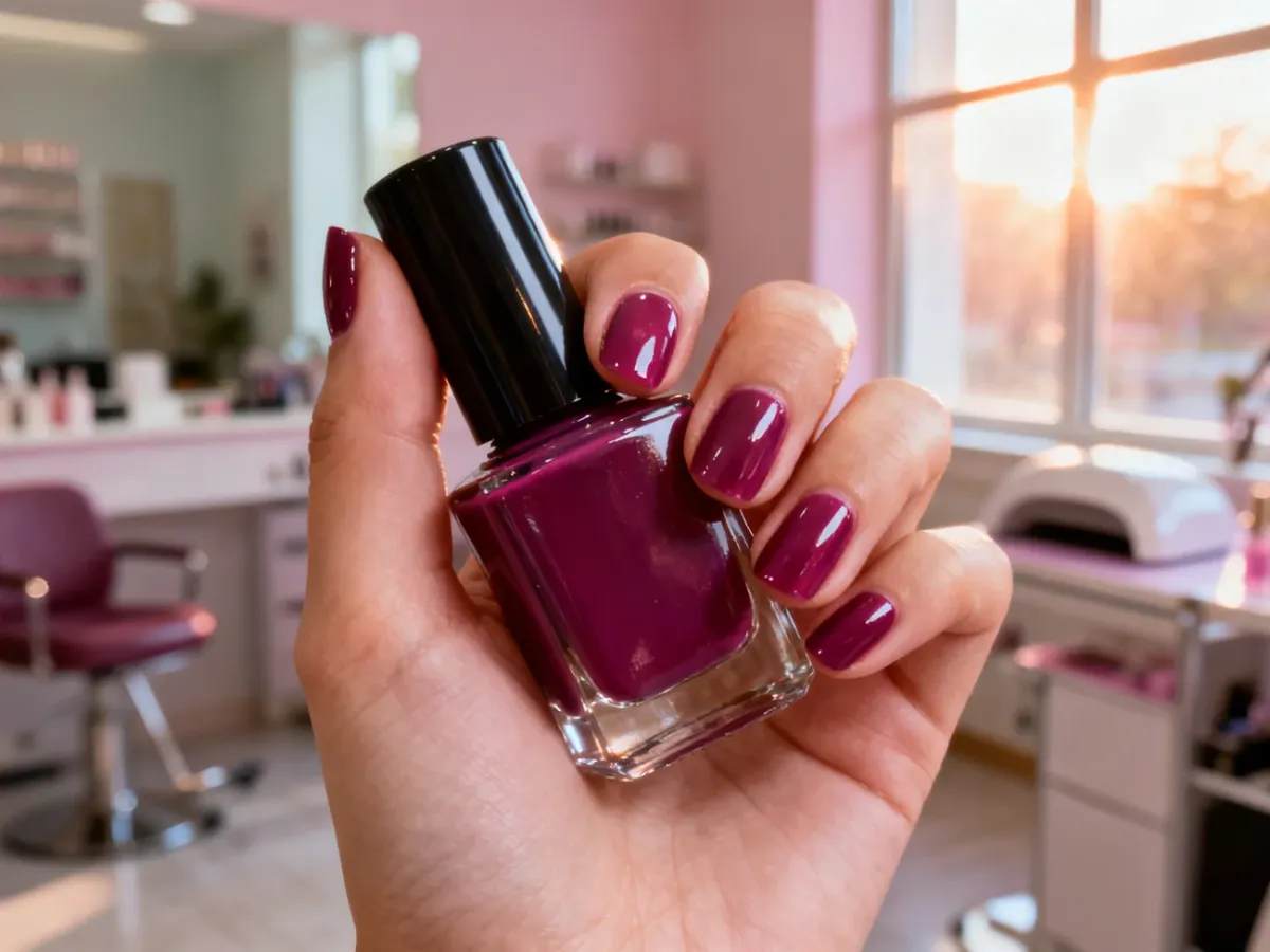 Dłoń trzymająca buteleczkę lakieru do paznokci w profesjonalnym salonie, podkreślająca estetyczny i zadbany manicure.