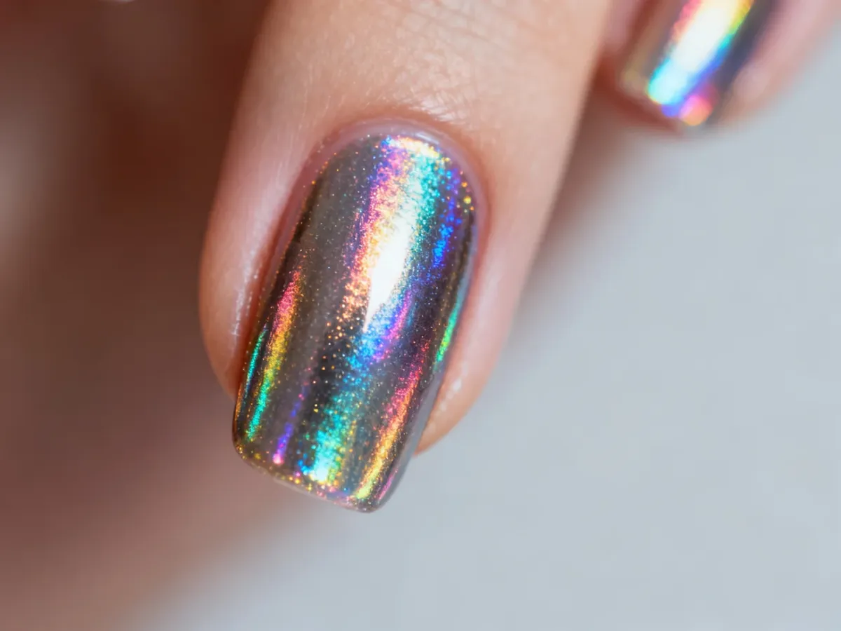 Dłoń z idealnym manicure w stylu holograficznym, mieniącym się tęczowymi kolorami w świetle.
