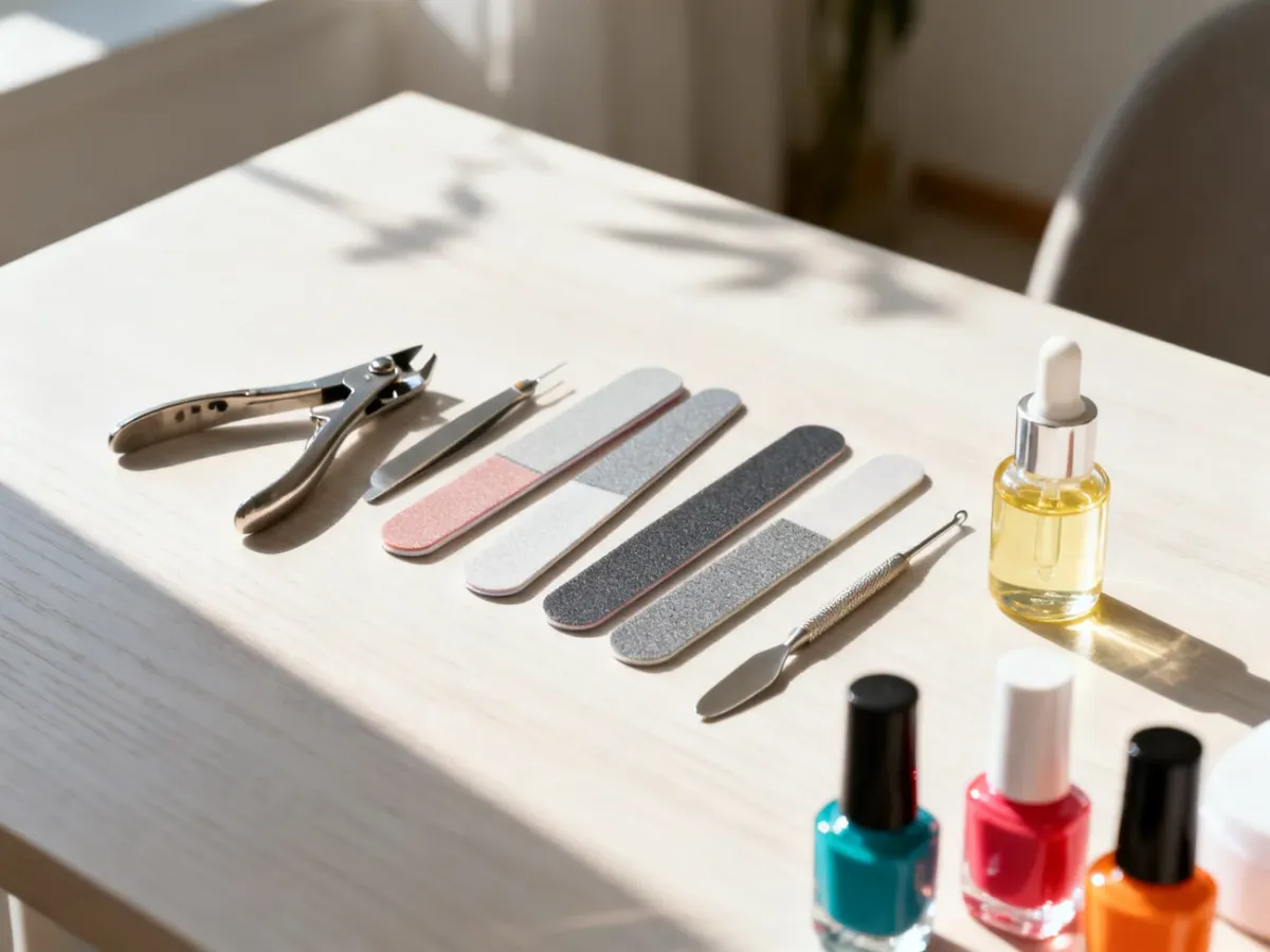 Zestaw profesjonalnych akcesoriów do manicure i lakierów do paznokci ułożony na drewnianym stole.
