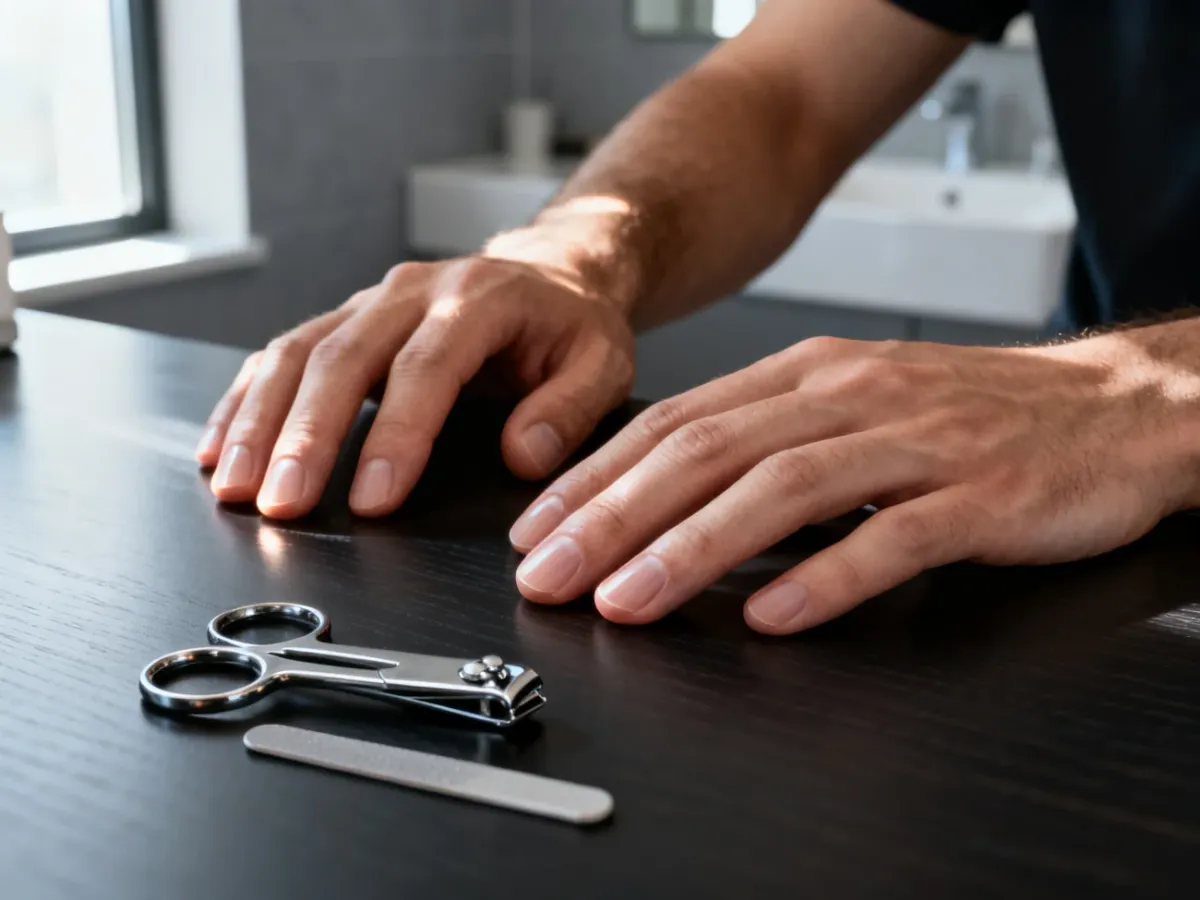 Zadbane męskie dłonie na drewnianym blacie obok profesjonalnych akcesoriów do manicure.